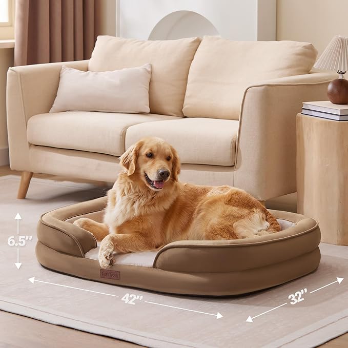 Soft Touch Orthopedic XL Dog Bed for Large Dogs with Faux Fur Top, Waterproof Pet Couch Bed with Removable Washable Cover and Supportive Foam Filling (Brown, Extra Large)