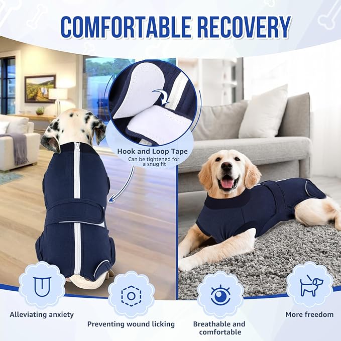Lukovee Recovery Suit for Dogs, Zipper-On Onesie for Female Male Dog, Abdominal Wounds Cone E-Collar Alternative, Prevent Licking Spay (3XL, Dark Blue)