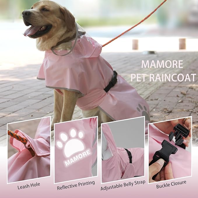 Waterproof Dog Raincoat, Reflective Adjustable Hooded Dog Rain Coat, Lightweight Breathable Pet Rain Jacket Poncho Double Layer with Leash Hole for Small Medium Large Dogs (Pink, X-Large)