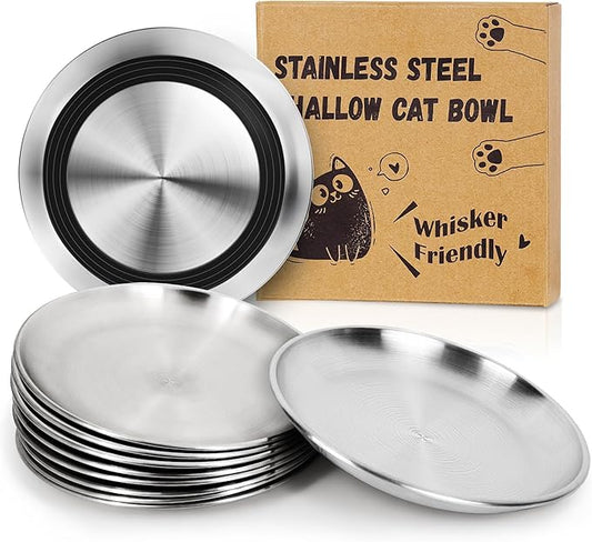 Supet Cat Plates for Wet Food, Non Slip Whisker Friendly Food Bowls, Stainless Steel Shallow Wide Dishes for Indoor Cats (13Oz, 10Pcs)