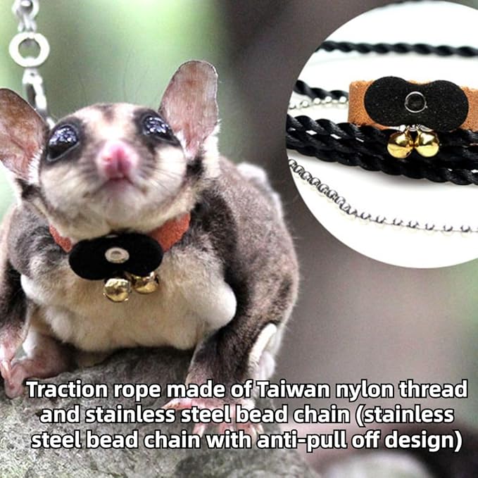 Sugar Glider Traction Rope Strap Anti-Biting Chain Rope, Small Animal Walking Collar Harness with Lead Leash for Hamster Gerbil Rat Mouse Ferret Chinchilla Squirrel (Black with Yellow)