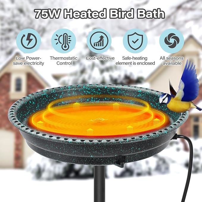 Heated Bird Bath for Outdoors,75W Bird Bath Water Heater Bird Bath Deicer,Heated Bird Baths Thermostat Control Weather Resistance Available with Stable Metal Pole for All Seasons-Green