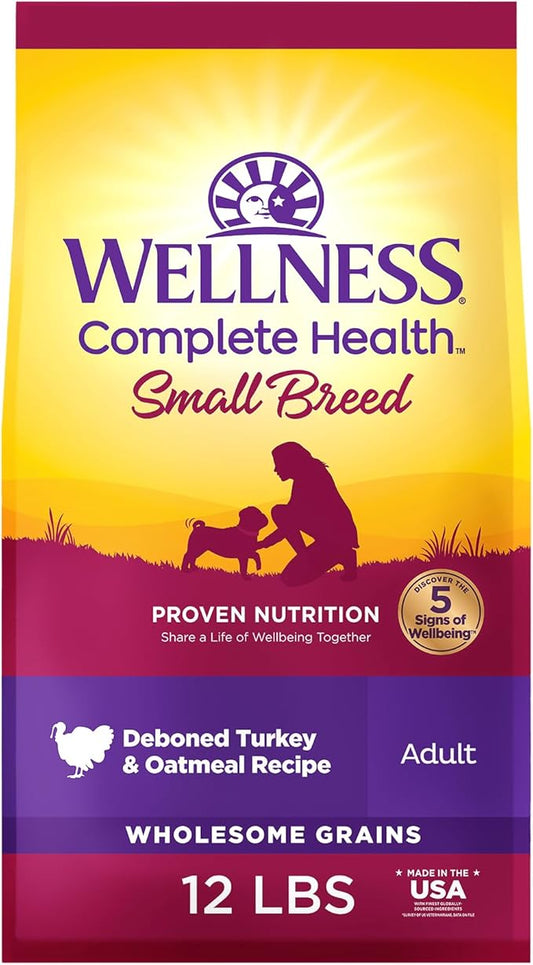 Wellness Complete Health Small Breed Adult Dry Dog Food with Grains and Real Turkey, Natural Ingredients, Omega Fatty Acids, and Probiotics, Made in USA (12-Pound Bag)”