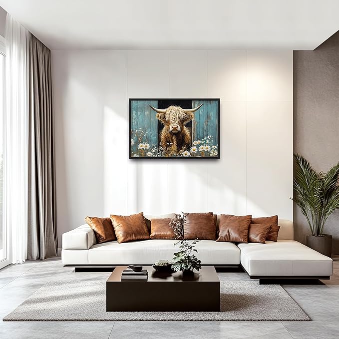 Large Farmhouse Highland Cow Country Wall Art for Living Room, Floral Canvas Oversized Wall Decor, Daisy Flower Animal Framed Pictures Painting Print Artwork for Bedroom Office 36"L x 24"W