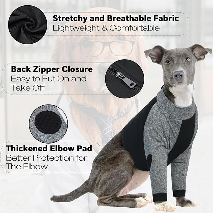 LeLePet Dog Recovery Suit for Front Legs, Dog Sleeve to Stop Licking, Elbow Protector for Leg Injuries Shoulder Wounds After Surgery Male Female,Zippered Long-Sleeved Shirt Cone Alternative(S-3XL)
