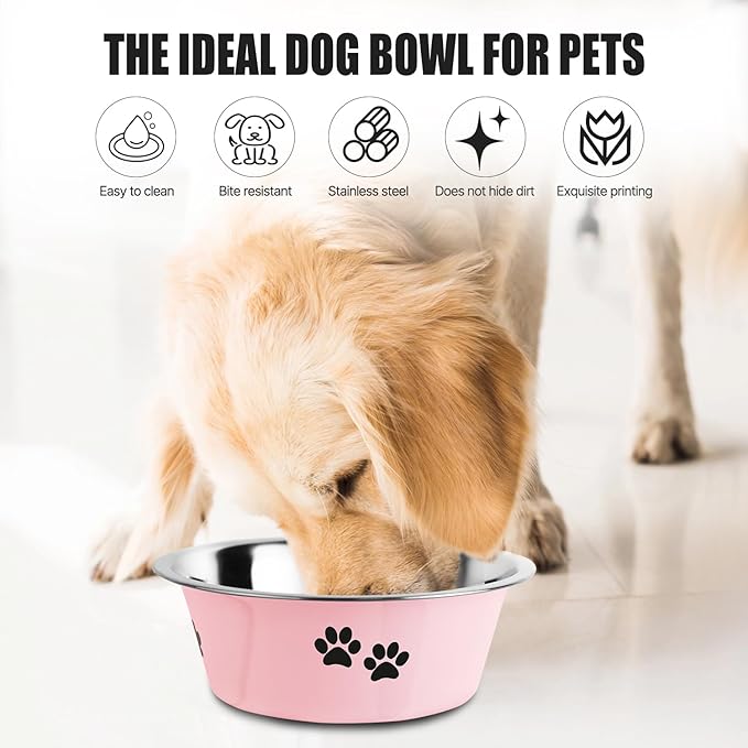 Stainless Steel Dog Bowls, Nonslip Rubber Bottom No Spill Proof Skid Metal Insulated Dog Bowls for Large Medium Small Breed Dogs (Pink, 8.5 Cups/71 OZ)