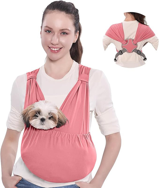 Supet Dog Sling Carrier for Small Pets, Hands Free Front Cat Sling, Reducing Back Neck Pain Anti-Anxiety, Adjustable Soft Carrying (Pink, Plus)