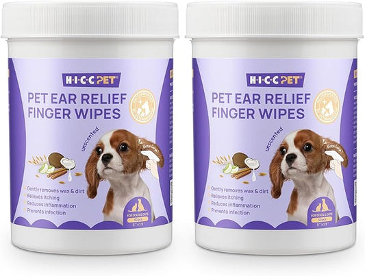 HICC PET Dog Ear Wipes Finger 100 Count Dog Ear Cleaner Wipes for Dogs & Cats, Dog Ear Infection Treatment to Relieve Ear Itching & Inflammation, Remove Ear Wax, Dirt, Smelly - Unscented