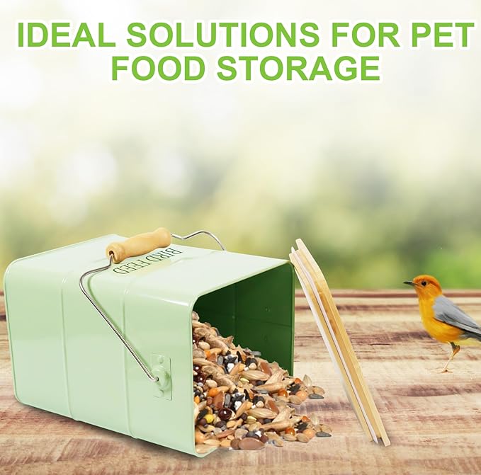 Metal Bird Seeds storage container,Outdoor Bird Food Container Canister, Pet Food Bin with Wooden Lid/Handle/Food scoop,hold 5-6 Lbs of Wild Bird Seed Sunflower Seed-Preventing Squirrels-Green