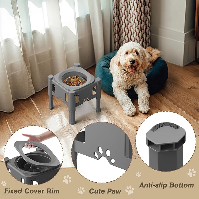 Lewondr Elevated Slow Feeder Bowls, Adjustable Dog Slow Feeder with 3 Heights (6.1", 7.7", 9.3") Non-Slip Stand for Medium Large Breed Dogs, Grey