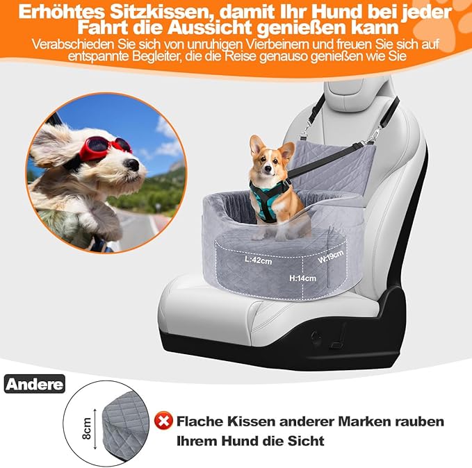 Dog Booster Car Seats for Small Medium Dogs, Fits Dogs Under 19", 28D High-Density Memory Foam with Waterproof Cover, Pet Travel Bed with Storage Pockets, Blanket, Dog Safety Belt