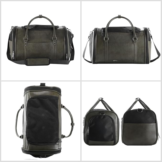 Stylish Leather Pet Carrier for Small Dogs and Cats Up to 15 lbs, Airline Approved Lightweight Travel Tote with Breathable Mesh and Shoulder Strap Green