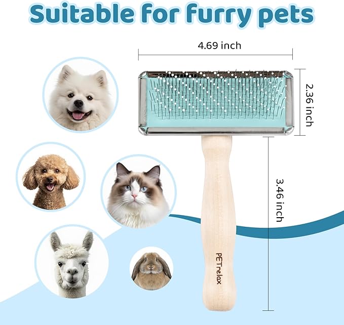 Pin Brush for Dog & Cat,Grooming Brush for Shedding, Dematting, Bath, for Long/Short Hair, Poodles, Indoor Cats, Wooden Handle, with Angled Stainless Steel Pins and Coated Tips