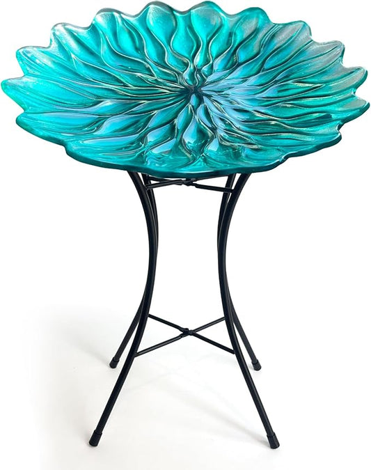 HONGLAND Bird Bath for Outside-Bird Baths for Outdoors-Glass Large Birdbaths Bowl with Metal Stand for Garden Patio Lawn Decor - Green