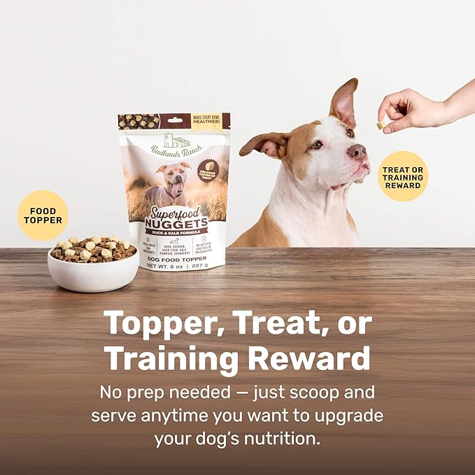 Superfood Nuggets- Premium, Freeze-Dried raw Dog Food Topper or Treat. Powerful Nutrient-Dense Ingredients. No Artificial additives. Duck and Kale Formula 8oz - 4pk Bundle