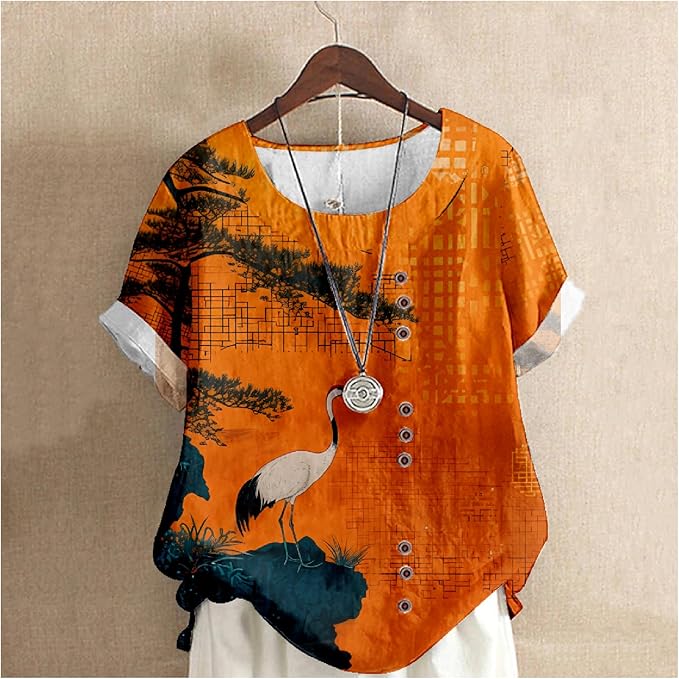 Japanese Print Women Summer Shirts Flower Bird Graphic Plus Size Tunic Tops Crewneck Short Sleeve Blouses