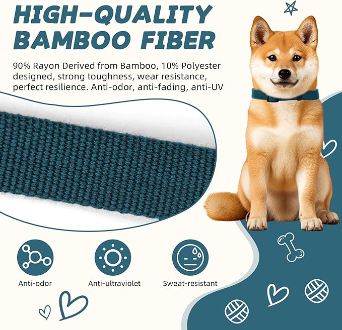 Blue Dog Collar for Medium Size Dog, Breathable, Anti-Odor & Soft, Comfortable for Sensitive Skin Puppies, 90% Bamboo Rayon, Adjustable Quick-Release Buckle Pet Collar for Medium Breeds