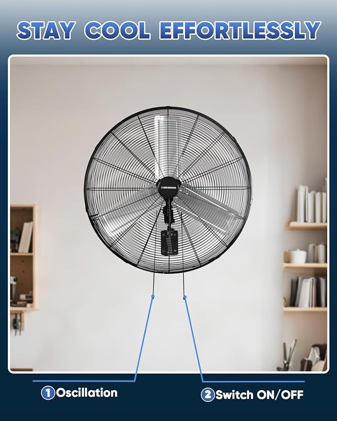 KEN BROWN 30 Inch Industrial Oscillating Wall Mount Fan - 7497 CFM High Velocity, Heavy Duty Metal Construction, 2 Speed Settings, Black