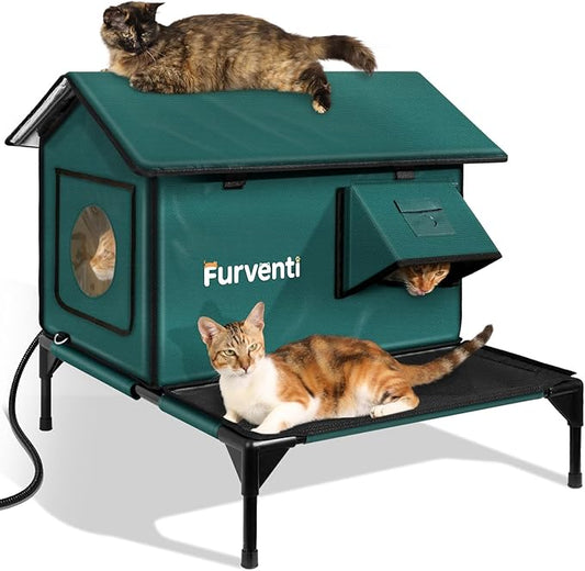 Heated Cat House for Outside,More Platform Space,Extremely Weatherproof & Insulated in Winter,Elevated Outdoor Cat Shelter with Eaves & Escape Door for Barn Feral Stray Cat(Dark Green,Large)