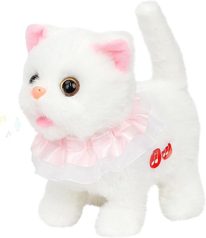Easfan 7" Walking Plush Kitty Toy Stuffed Animal Electric Interactive with Dress Talking Musical Cute Plush Toy White Cat Tail Wagging Christmas Birthday Gifts for Kids Toddlers