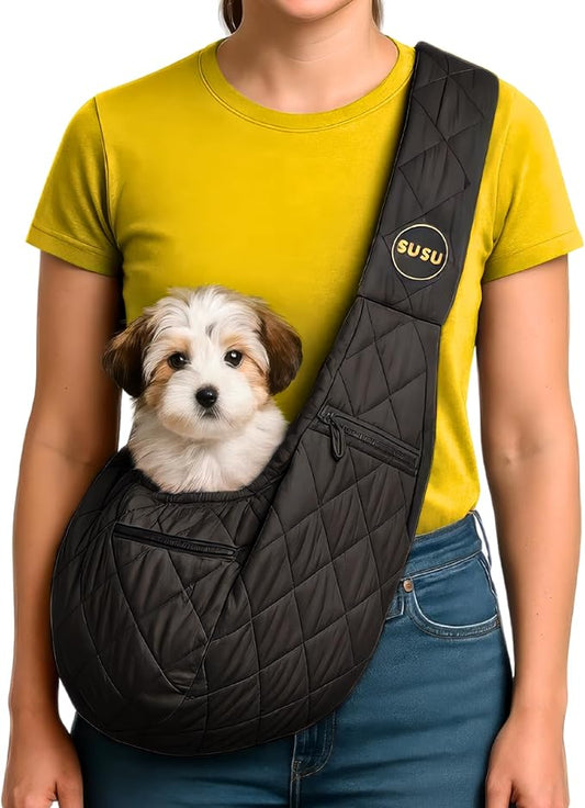 Small Dog Carrier Sling Bag – Hands-Free up to 10 lbs -10.5″ Deep Pouch, Dual Snap-Clip Closure + Drawcord, 4″ Padded Strap, Safety Tether, Zipper Pockets, Machine-Washable
