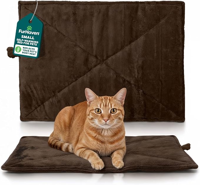 Furhaven ThermaNAP Self-Warming Cat Bed for Indoor Cats & Small Dogs, Washable & Reflects Body Heat - Quilted Faux Fur Reflective Bed Mat - Espresso, Small