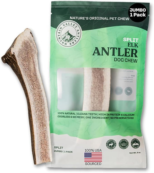 Mountain Valley Elk Antlers for Dogs - 100% Natural & Organic Chew for Aggressive Chewers, No Odor, No Mess, Long Lasting - Wild-Foraged Naturally Shed Antlers in USA - Grade A, Split Jumbo (1 Pack)
