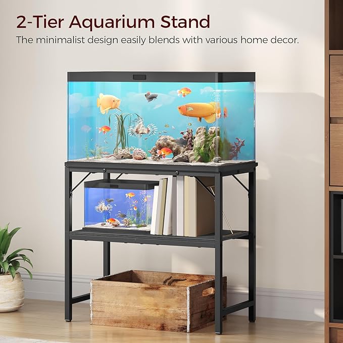 30 Gallon Fish Tank Stand, Aquarium Stand with 2-Tier Storage Shelves, Heavy Duty Breeder Turtle Terrarium Stand Rack for Home Office, 30.0" L x 11.8" W x 24.4" H, Black FTBK3001