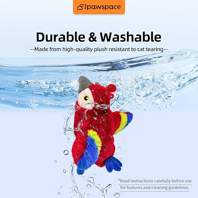 Interactive Flapping Bird Cat Toy with Catnip, Touch Activated Rechargeable, Musical Sound (can Turn Off), Satisfy Cat's Natural Huting Instinct, Soft Plush Washable Cover (Red)