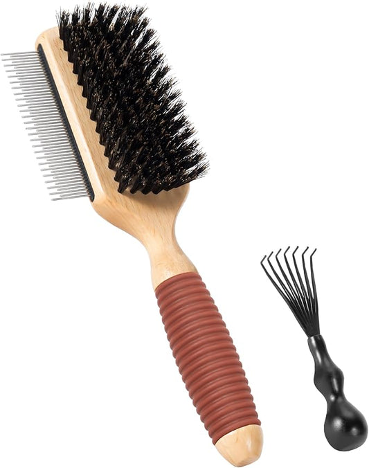 2 in 1 Pin and Boar Bristle Brush for Dogs & Cats, Shedding Grooming Dog Brush for Short Haired Dogs, Cats, Pets with Beech Wood Rubber Handle