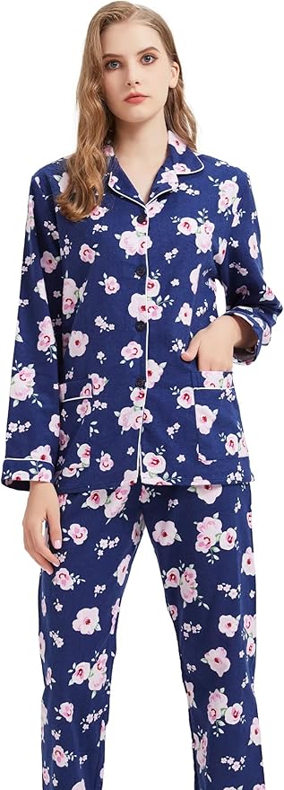 GLOBAL Flannel Pajamas for Women 2-Piece Comfy and Cozy Flannel Pj Set Cotton Loungwear