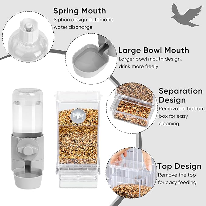No Mess Bird Feeder Water Dispenser Set, Bird Feeder for Cage, Cage Accessories for Cockatiels, Finches, Budgies and Canaries