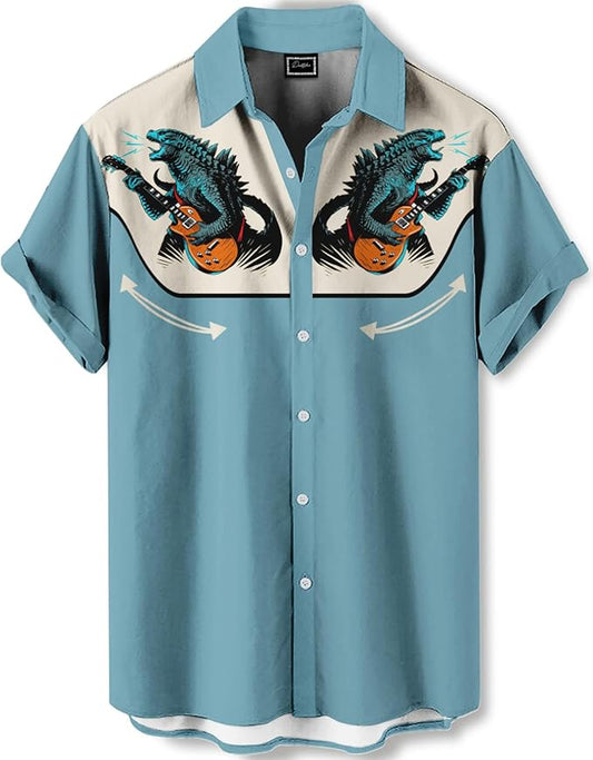 Men’s Hawaiian Shirt Western Cowboy Symmetrical Print Short Sleeve Button Down Casual Beach Holiday Summer Shirt