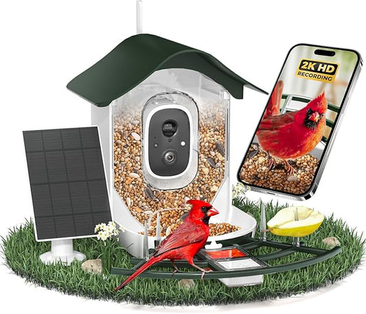Smart Bird Feeder with Camera, 2K HD AI Identify Birds Species, Bi rd Watching Camera with Solar Panel, Instant Notifications, Ideal Present for Bird Lover, Dark Green