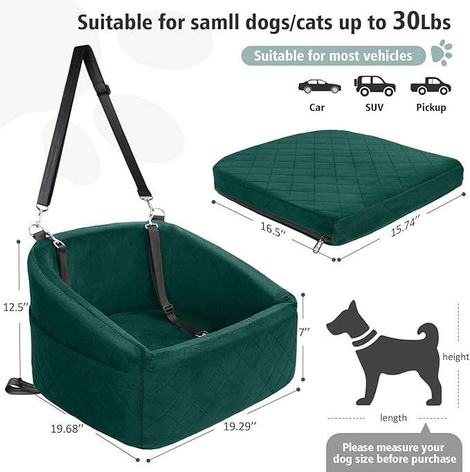 Dog Car Seat for Small Medium Dogs,Detachable Washable Dog Booster Seat Under 30lbs, Pet Car Seats Travel Bed with Storage Pockets and Safety Belt(Green)