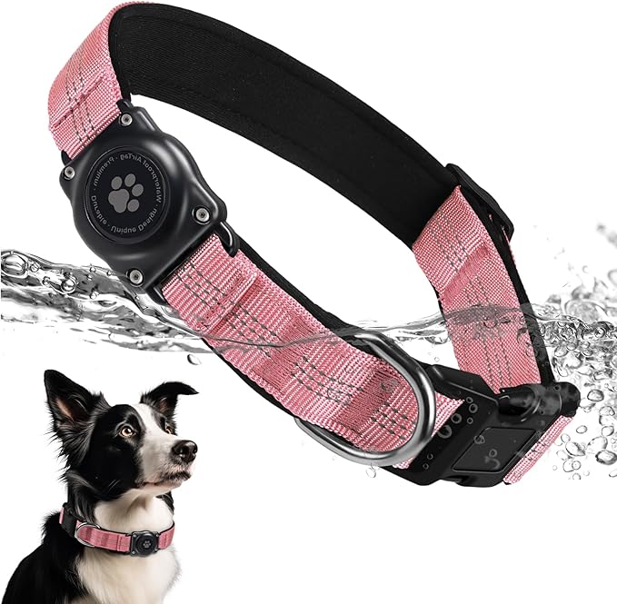 Upgraded AirTag Dog Collar, IP68 Waterproof Air Tag Dog Collar Holder, Reflective, Ultra-Durable, Comfortable Padded, Heavy Duty Dog Collars for Small Medium Large Dogs (S (10.6"-13.6"), Pink)