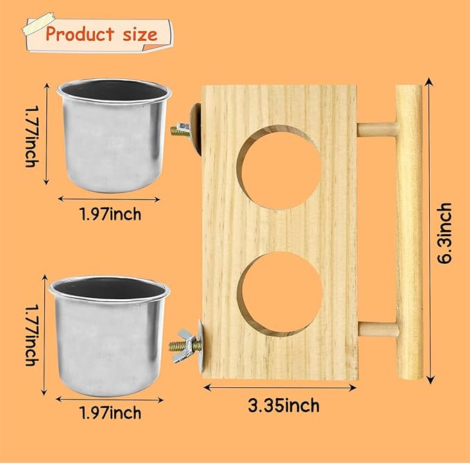 Tfwadmx Bird Feeding Dish Cups with Wooden Platform Hanging Stainless Steel Parrot Cage Feeder Bowl Wood Perch Stand for Parakeet Cockatiels Lovebirds Budgie (Small)