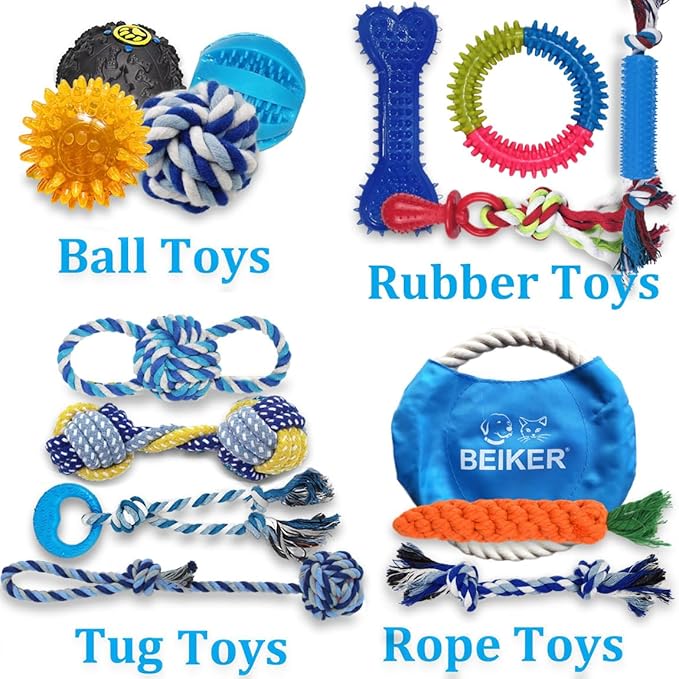 Beiker Dog Teething Chew Toys - 15 Pack Small Medium Breed Puppy Toy, Variety Dogs Rope Chew Toys Bundle for Boredom, Pet Interactive Squeaky Treat Dispensing Ball for Puppies