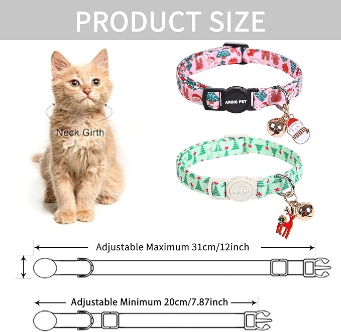 ARING PET 2 Pack Cat Collar, Christmas Breakaway Kitten Small Collars with Bells for Girl Boy Cats-Pink Reindeer Santa Claus & Green Xmas Tree
