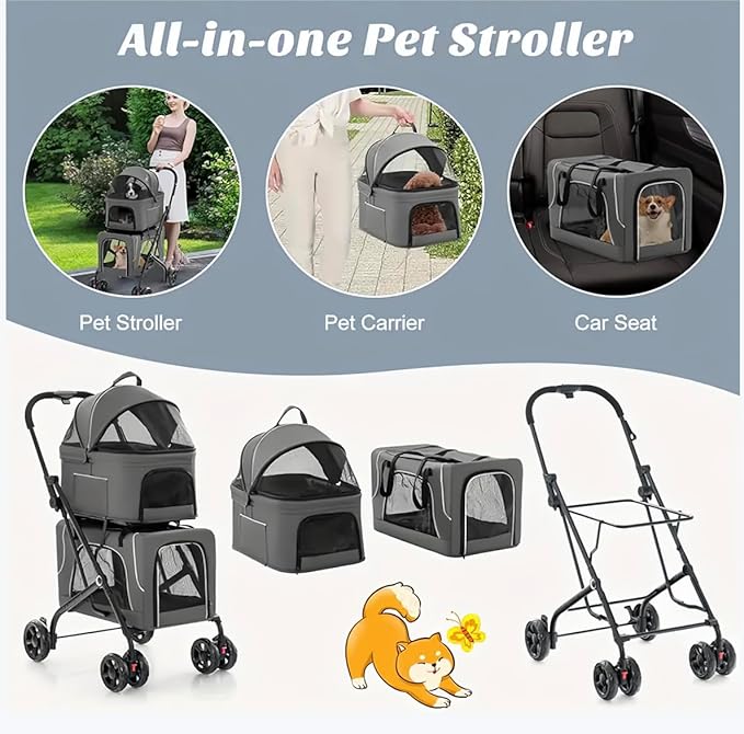 Pet Stroller with 2 Detachable Carriers, Foldable, Spacious Interior, Large Capacity, Durable Construction