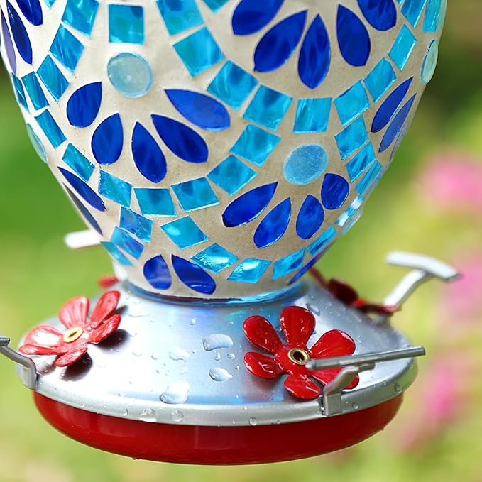 VOREEN Glass Mosaic Hummingbird Feeders, 34OZ with Ant Moat & 4 Feeding Ports, Hand Blown Glass Outdoor Hanging Bird Feeder, Porch Garden Backyard Decor, Gift for Mom Wife Friend, Blue Flowers Design