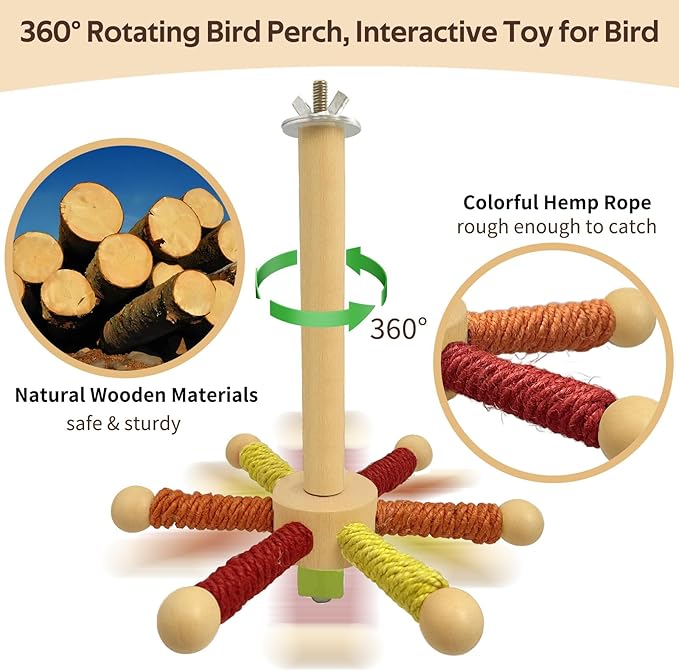 Rotating Bird Perch Toy – Fun Spinning Cage Stand for Parakeets, Budgies, Lovebird, Cockatiels, Conure, Finches & Quaker – for Small-Medium Birds to Relieve Boredom & Encourage Play (Yellow)