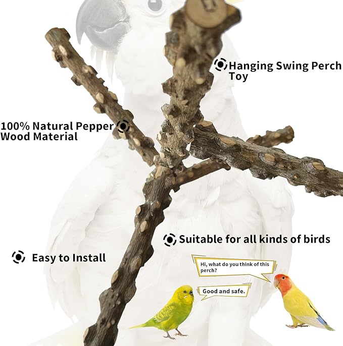 FlidRunest Bird Perch, Hanging Bird Tree Ceiling Perch Swing Toy, Natural Pepper Wood Bird Training Toy for Parrot Parakeet Cockatiel Conure Small-Medium Birds