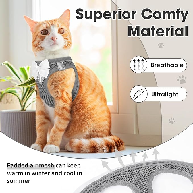 Cat Vest Harness and Leash Set for Walking Escape Proof, Adjustable Kitten Harness Breathable Mesh with Reflective Strips Harness for Kitty Puppy Bunny (Grey,XS)