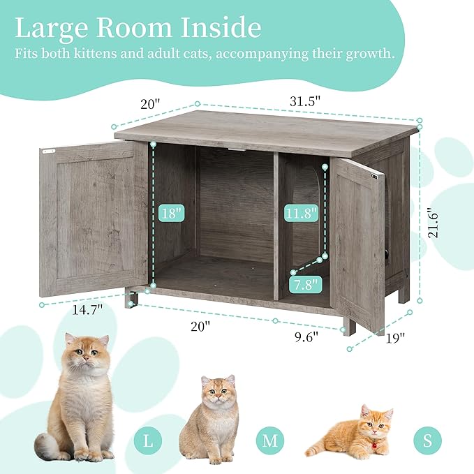 Vongrasig Cat Litter Box Enclosure,Litter Box Furniture Hidden with Barn Door,Wooden Cat Washroom Furniture,Cat House,End Table, Fit Most of Litter Box, Grey