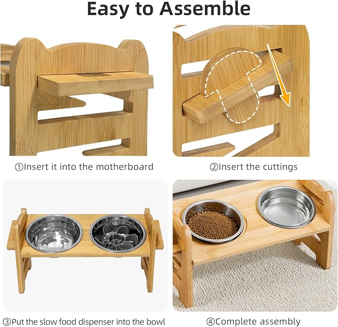 Elevated Dog Bowls, Adjustable Raised Dog Bowl Stand with 2 Stainless Steel Dishes and 1 Slow Feeder Bowl, Durable Bamboo Dogs Feeding Station for Small Medium Dogs/Cats