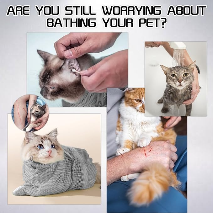 FANOVO Cat Mesh Bathing Bag, Adjustable Cat Bath Bag with Nail Clipper, Bath Brush, Nail File & Comb, Anti-Scratch Shower Bag for Pet Grooming, Bathing & Restraint, Durable Washing Bag for Cats