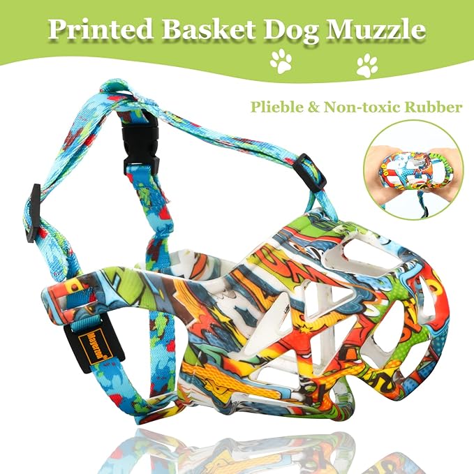 Mayrezon Dog Muzzle, Printed Basket Muzzle for Small Medium Large Dogs Dachshund, Beagle, German Shepherd, Breathable Pet Muzzles to Prevent Biting Chewing Scavenging, Allows Panting and Drinking