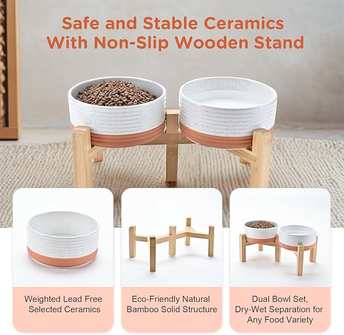 SPUNKYJUNKY Elevated Dog Bowls Ceramic, 6.1'' Dogs and Cat Food Water Bowls Raised with Non-Slip Bamboo Stand for Medium Sized Breed Microwave Dishwasher Safe - 28.7 OZ,Pattern White