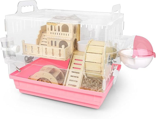 Cycodo 8 in 1 Acrylic Hamster Cage,2-Tier Dwarf Hamster Cage with Wooden Wheel & Hideout,Small Hamster Habitat with Accessories,Clear Pet Mice House(Pink,14" L*10" W*11" H)